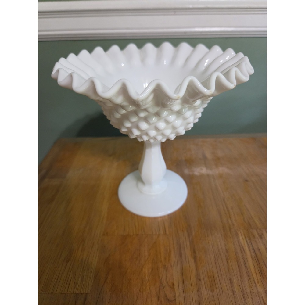 Vintage Hobnail Milk Glass Ruffled Edge Compote Candy Dish - 5 3/4 inches tall